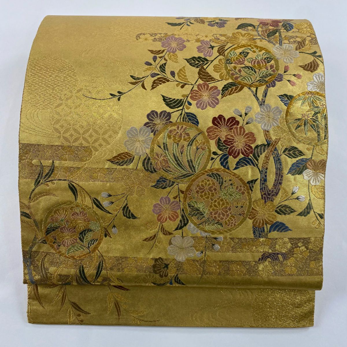 508my16◇ながしま帯 長嶋成織物 花文様 金糸 六通 袋帯◇美品 508my16◇ながしま帯 長嶋成織物 花文様 金糸 六通 袋帯◇美品