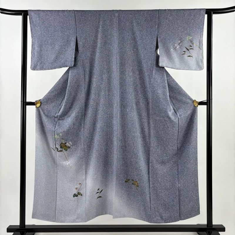 付下げ 身丈153cm 裄丈63cm S 袷 椿 幾何学 金彩 螺鈿 青紫 正絹 秀品