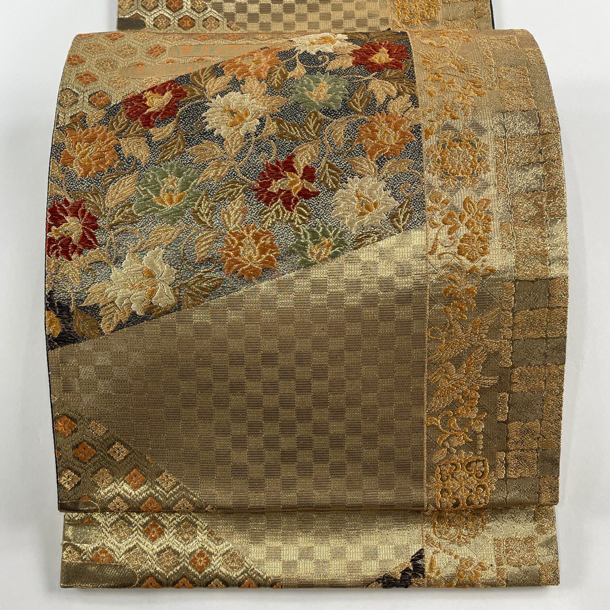 袋帯 美品 秀品 桜 縞 金糸 箔 灰色 六通 正絹｜中古・古着