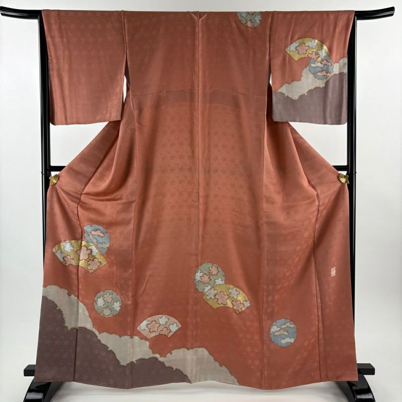 美品】 付下げ 身丈164cm 裄丈64.5cm M 袷 藤井寛 落款あり 雪輪 扇面