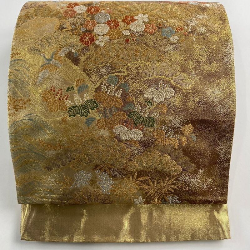 袋帯 松竹梅 飛翔鳥 流水模様 花七宝 金銀彩 金色 PO-3139