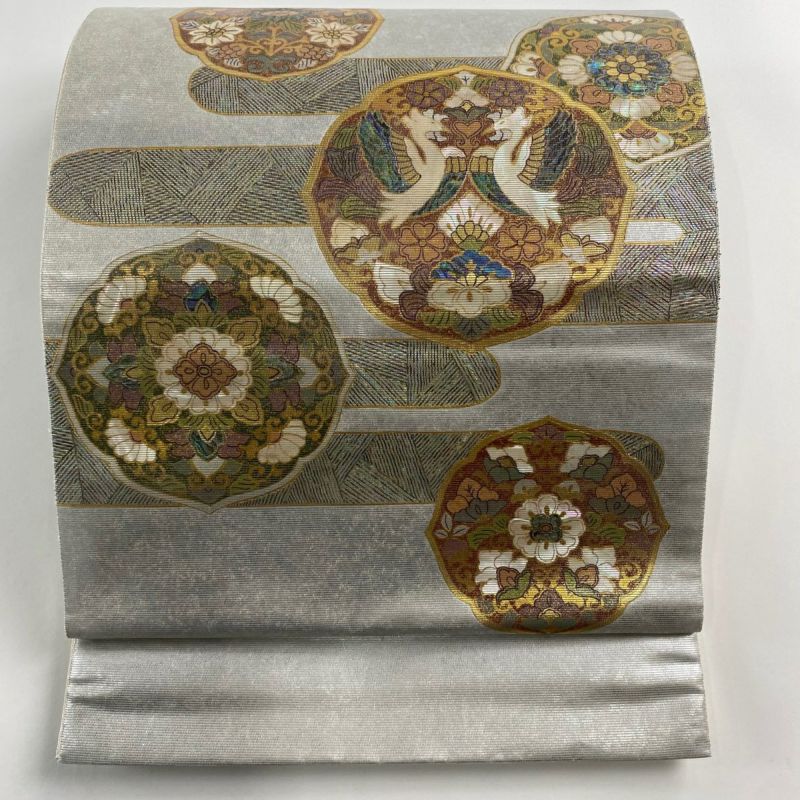 袋帯 美品 秀品 華文 ヱ霞 箔 銀色 お太鼓柄 正絹｜中古・古着