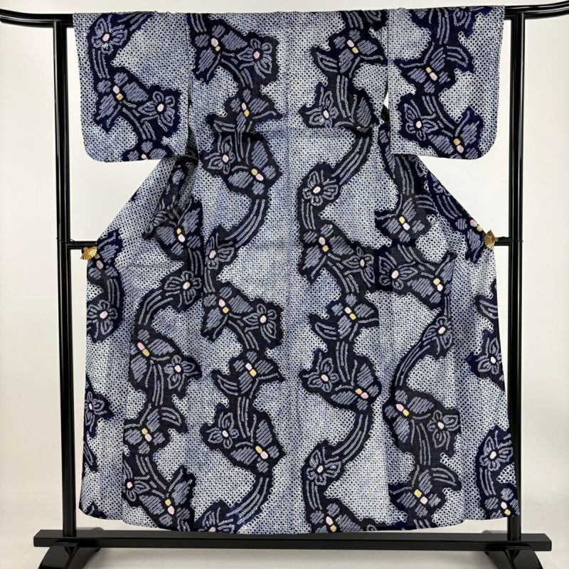 美品！　総絞り　浴衣　身丈156 綿　ネイビー　絞り　花柄 美品！ 総絞り 浴衣 身丈156 綿 ネイビー 絞り 花柄