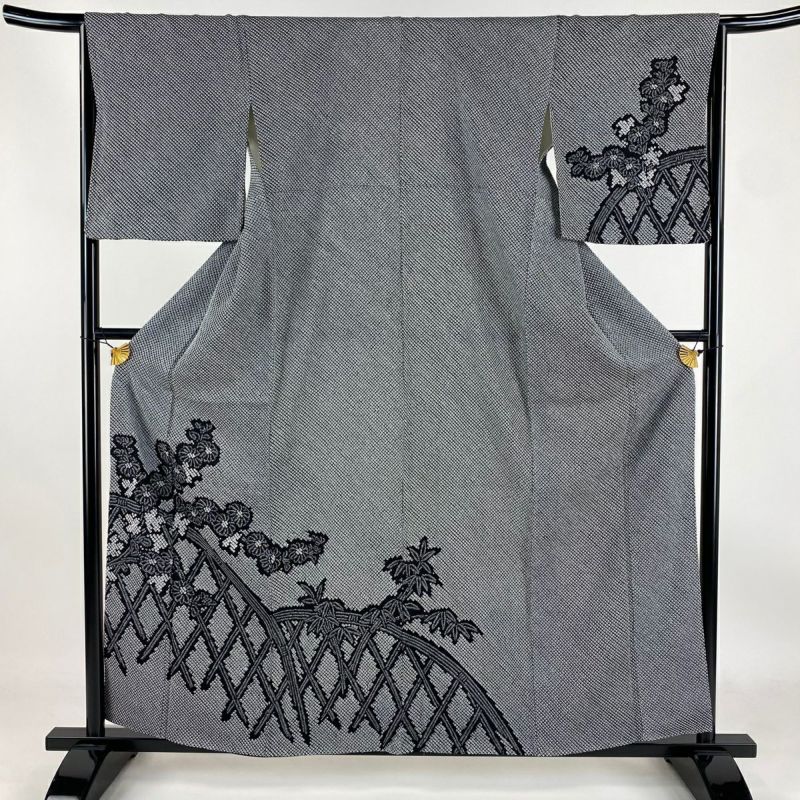 付下げ 身丈159cm 裄丈64.5cm M 袷 菊 光悦垣 総絞り 黒 正絹 美