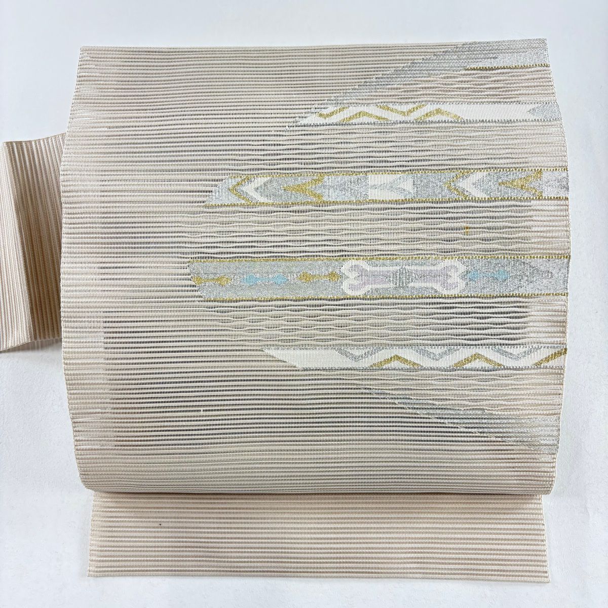 名古屋帯 秀品 夏帯 八寸名古屋帯 幾何学模様 金銀糸 茶色 正絹｜中古