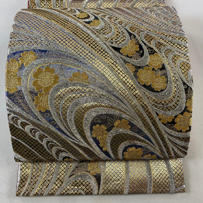袋帯 秀品 振袖向き 草花 金銀糸 箔 金色 六通 正絹 【中古
