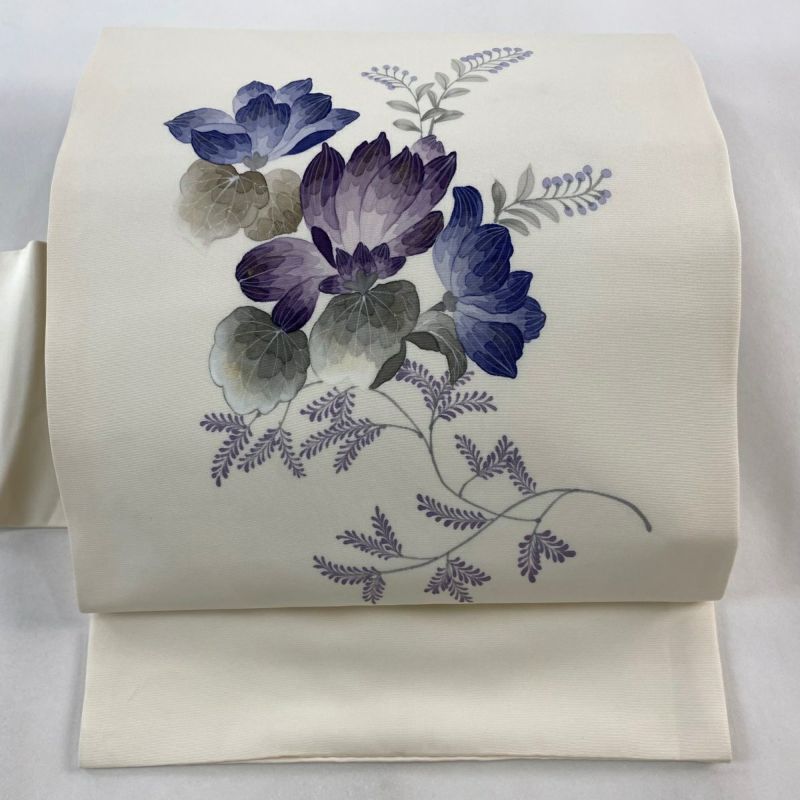 正絹 名古屋帯 作家物 薄クリーム地 手描き染 花 籠 逸品 未使用品 正絹 名古屋帯 作家物 薄クリーム地 手描き染 花 籠 逸品 未使用品