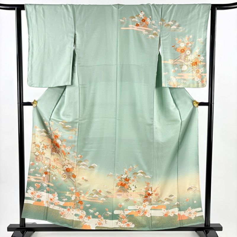 美品】 訪問着 身丈158cm 裄丈61.5cm S 袷 花車 ヱ霞 金彩 染分け 薄緑