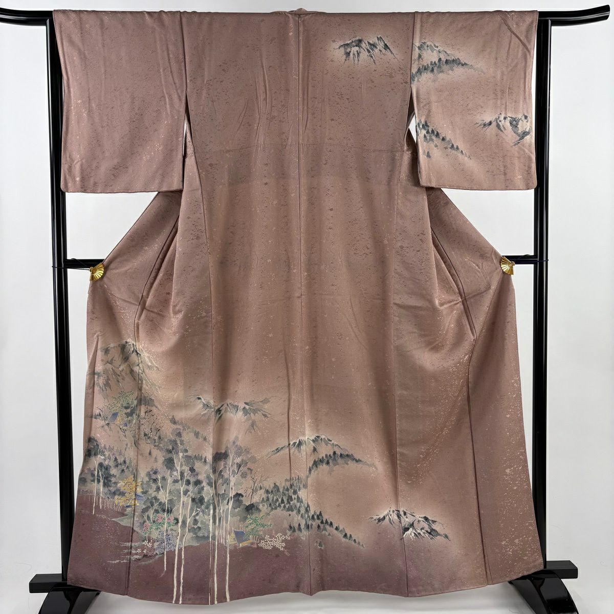 訪問着 身丈169cm 裄丈64.5cm M 袷 扇 枝梅 金彩 ぼかし 薄小豆 正絹