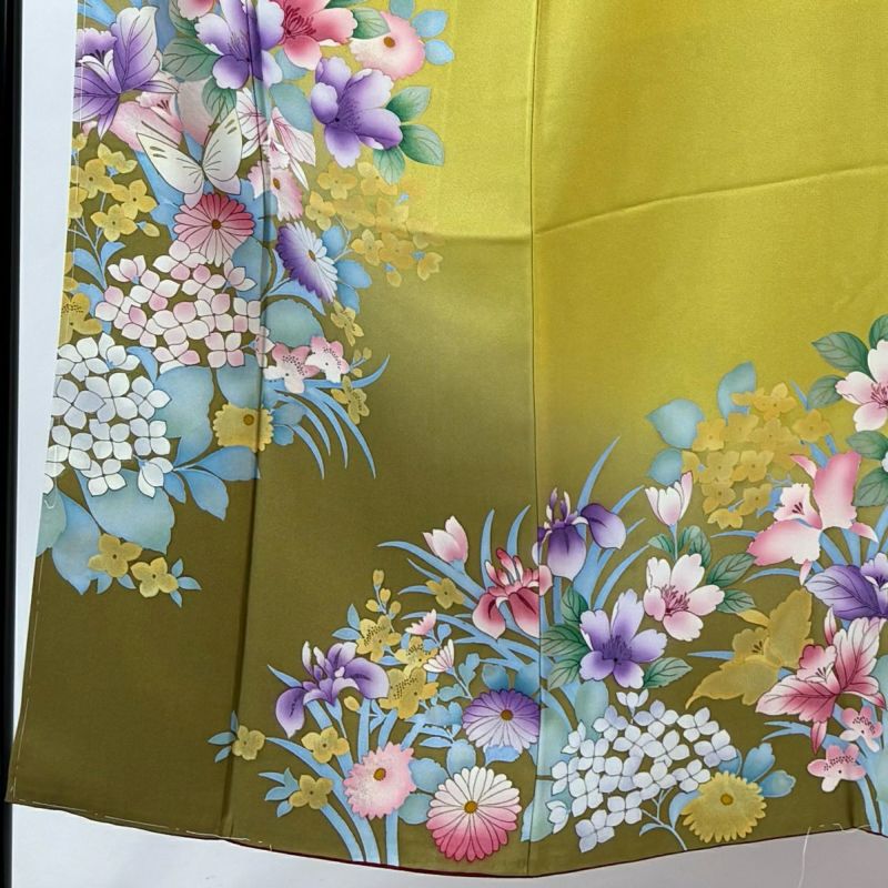 美品】 訪問着 身丈151cm 裄丈64cm M 袷 草花 蝶 染め分け ぼかし から