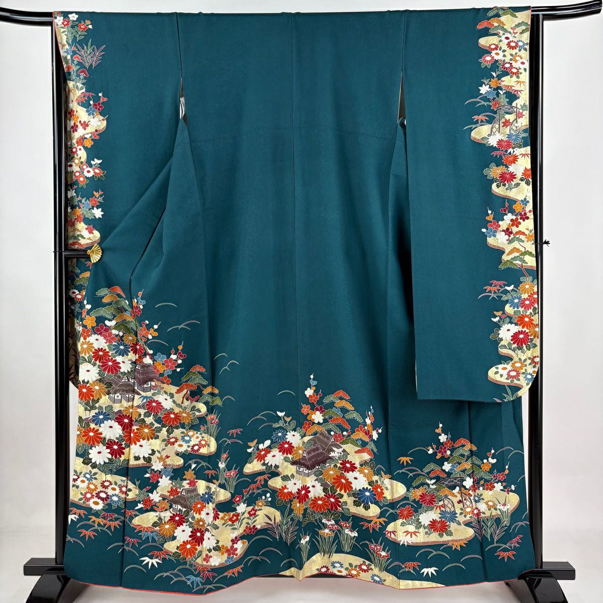 振袖 身丈160cm 裄丈61.5cm S 袷 草花 樹木 金糸 金彩 緑 正絹