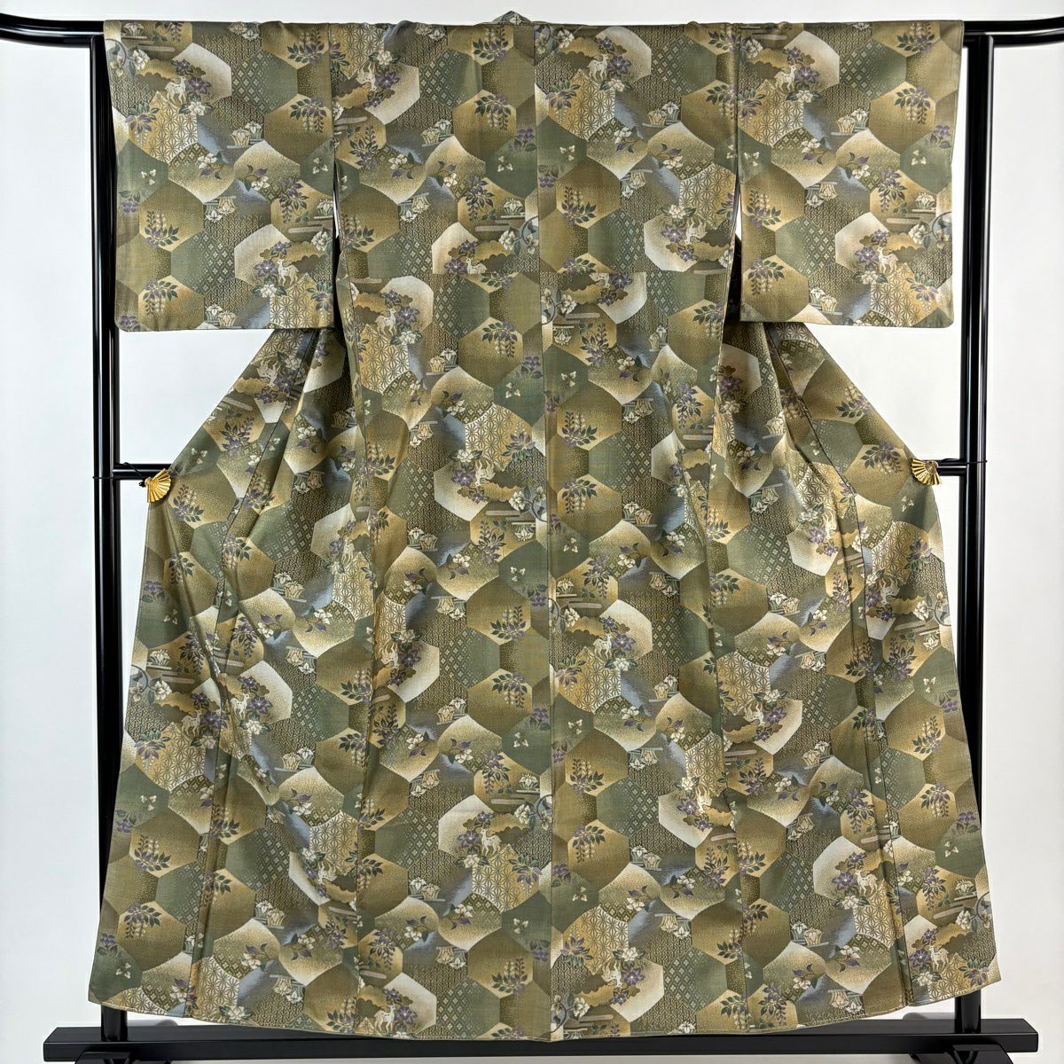 江戸小紋 身丈161cm 裄丈65cm M 袷 万筋 茶緑色 正絹 名品｜中古・古着