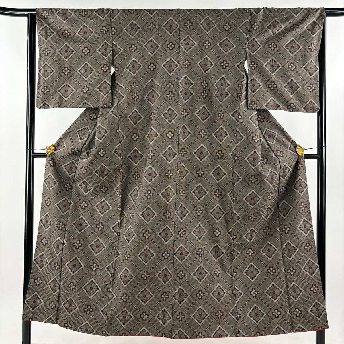 紬 身丈164cm 裄丈65.5cm M 袷 幾何学 焦茶色 正絹 美品 秀品