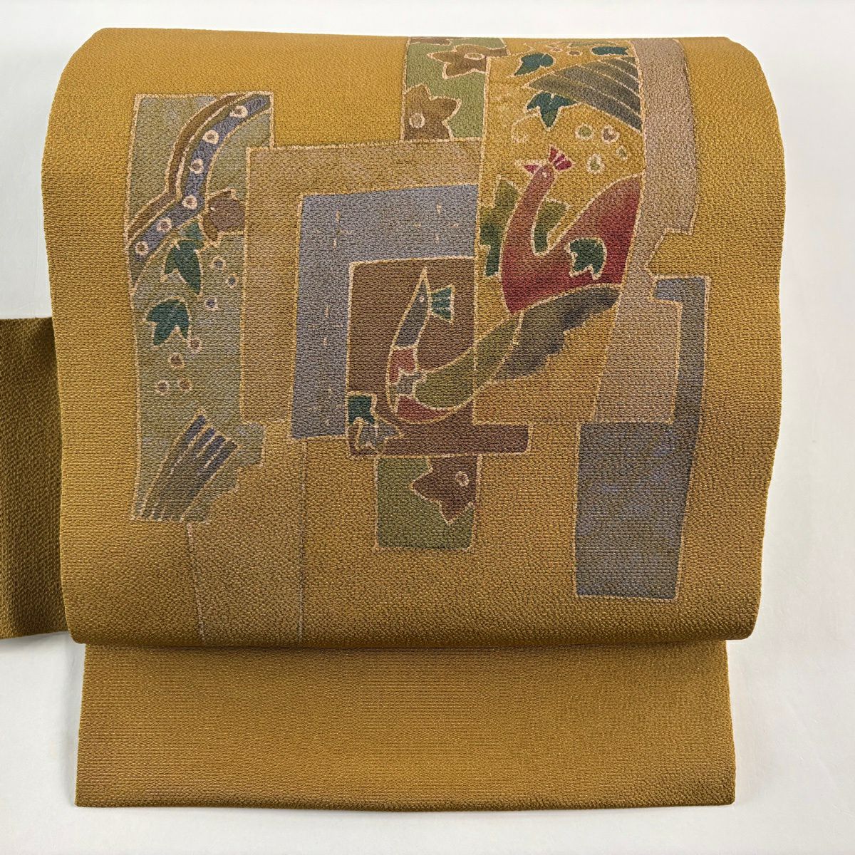 美品】 名古屋帯 秀品 落款あり 鳥 花 縮緬 黄土色 正絹｜中古・古着