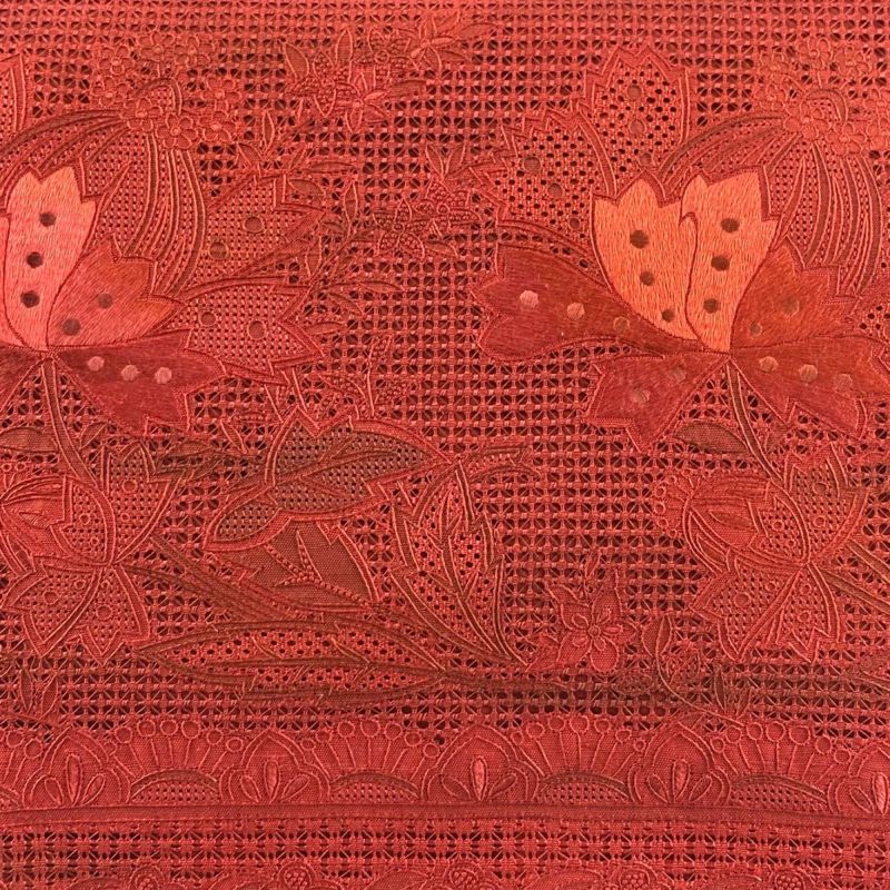 美品】 袋帯 秀品 紬地 関西仕立て 草花 刺繍 赤 お太鼓柄 正絹｜中古