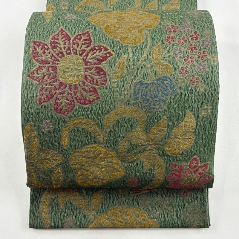 袋帯 秀品 草花 鳥 箔 緑 六通 正絹｜中古・古着・リサイクル着物通販