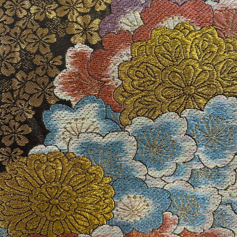 袋帯 美品 秀品 振袖向き 桜 華文 箔 ラメ箔 黒 六通 正絹