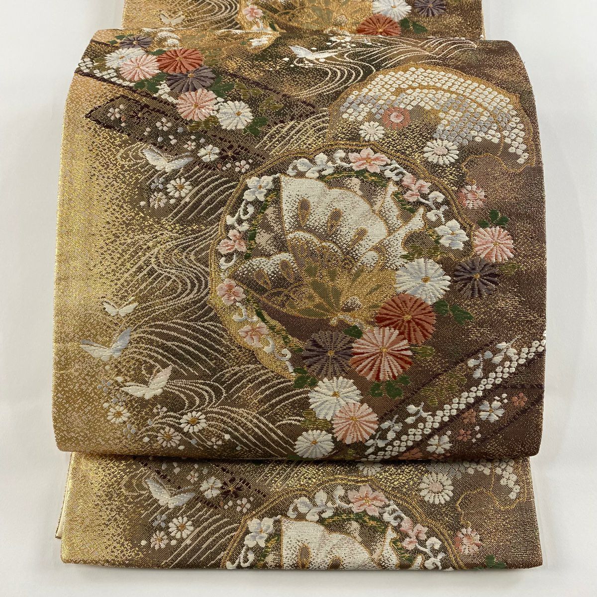 袋帯 美品 秀品 蝶 花 箔 金銀糸 緑 六通 正絹|中古・古着
