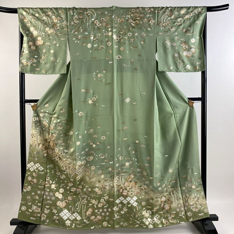 訪問着 身丈162cm 裄丈67.5cm L 袷 草花 七宝 金糸 金銀彩 薄緑 正絹 秀品｜中古・古着・リサイクル着物通販｜バイセル オンライン