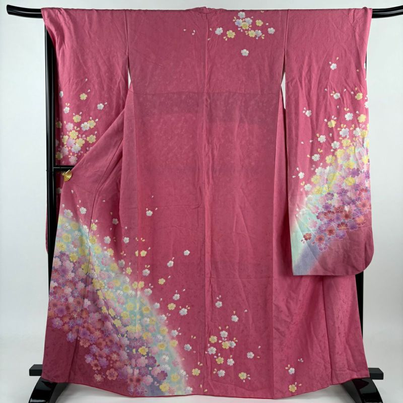振袖 身丈164cm 裄丈70cm L 袷 桜 花びら 金糸 染め分け ピンク