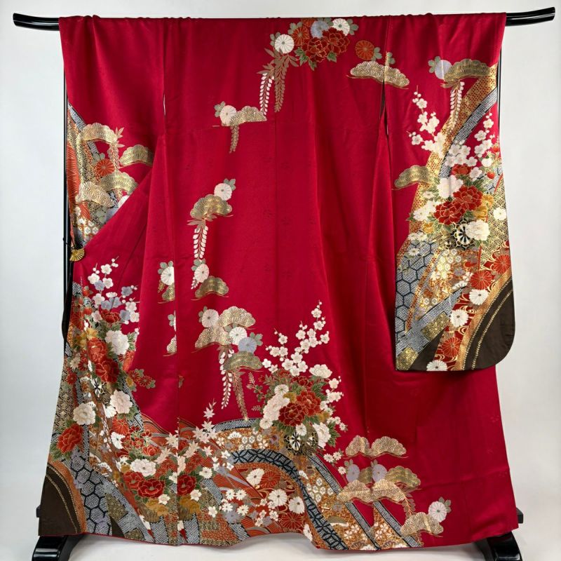 振袖 身丈165cm 裄丈71.5cm L 袷 花車 花籠 金彩 赤 正絹 秀品｜中古