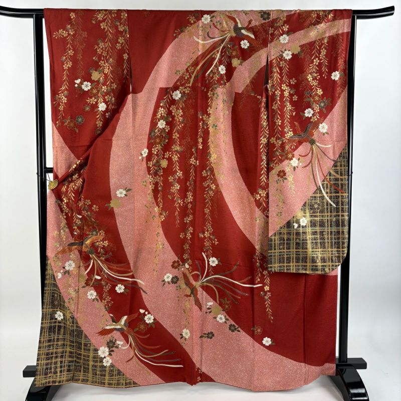 振袖 身丈165cm 裄丈64.5cm M 袷 桜 鳳凰 金糸 金彩 茜色 正絹