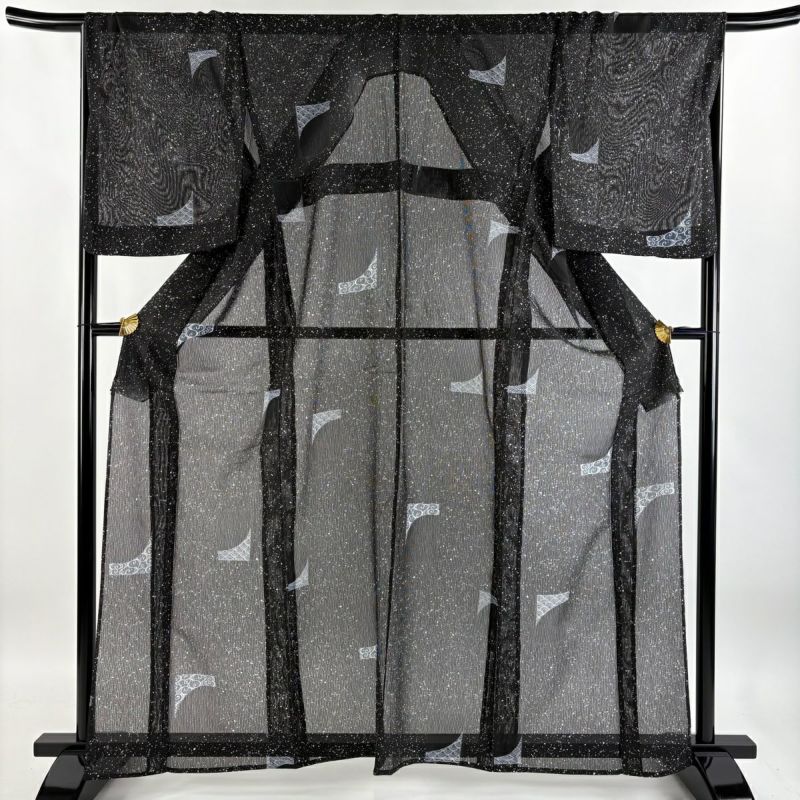 小紋 身丈162.5cm 裄丈68.5cm L 薄物 縦絽 色紙 青海波 墨色