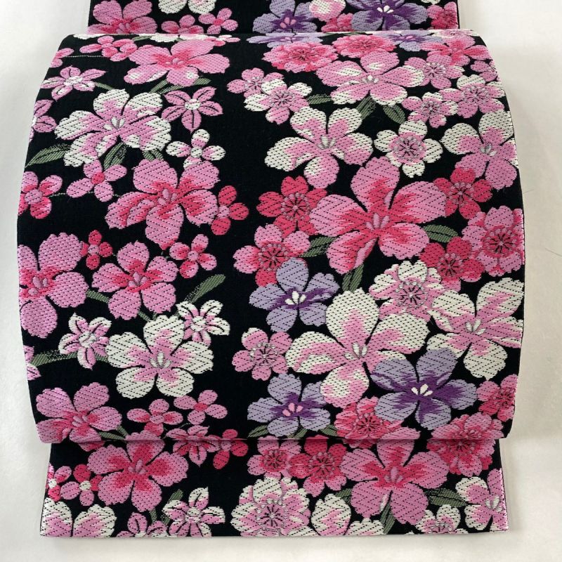 袋帯 秀品 振袖向き 桜 草花 唐織 黒 六通 正絹｜中古・古着