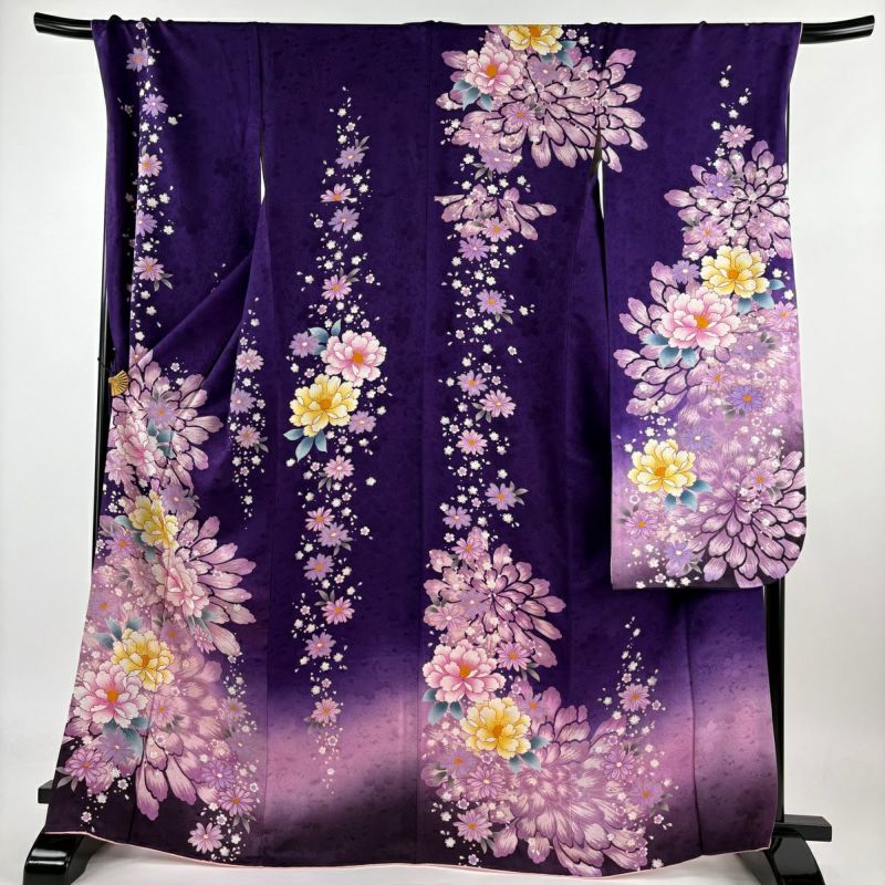 振袖 身丈167cm 裄丈73cm L 袷 牡丹 菊 ラメ 刺繍 紫 正絹 名品
