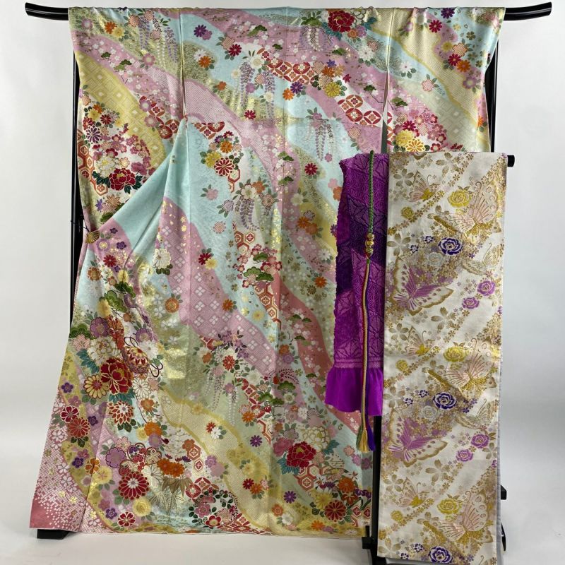 振袖　美品　身丈156cm　裄丈64.5cm　成人式　結婚式　正絹　MM59 振袖 身丈163cm 裄丈64.5cm M 袷 枝垂れ桜 麻の葉 金糸 金彩 黒
