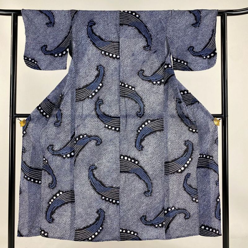 浴衣 身丈145cm 裄丈61cm S 総絞り 波 紺色 綿 美品 名品｜中古