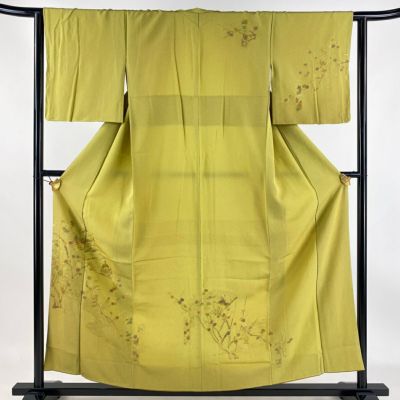 付下げ 身丈155cm 裄丈63.5cm S 袷 扇 梅 刺繍 金糸 からし色