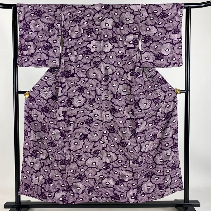 極美品　訪問着　着物　身丈154cm 裄丈62cm 紫 t*7様 着物単品 未使用近い 美品 袷 化繊 ちりめん 訪問着 身丈
