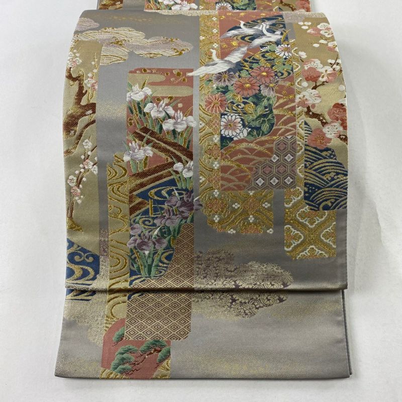 袋帯 秀品 草花 箔 灰茶 六通 正絹 【中古】