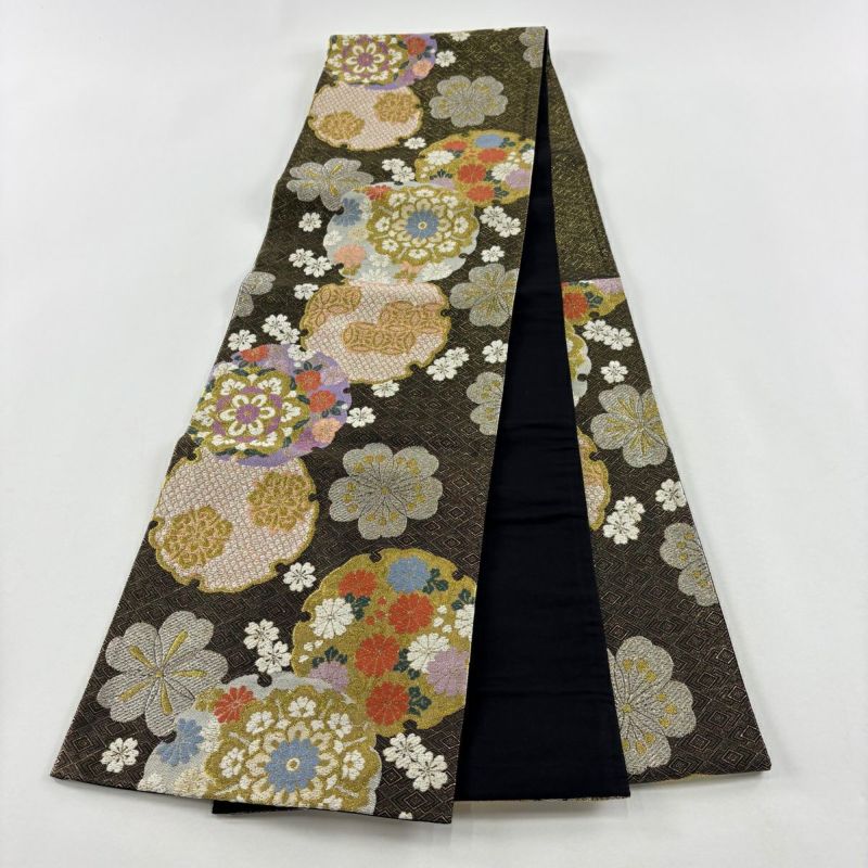 美品】 袋帯 秀品 雪輪 桜 箔 黒 六通 正絹｜中古・古着・リサイクル