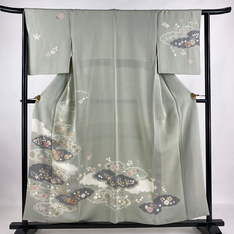 30%OFF 訪問着 身丈155cm 裄丈63cm S 袷 草花 雲文 刺繍 絞り 薄