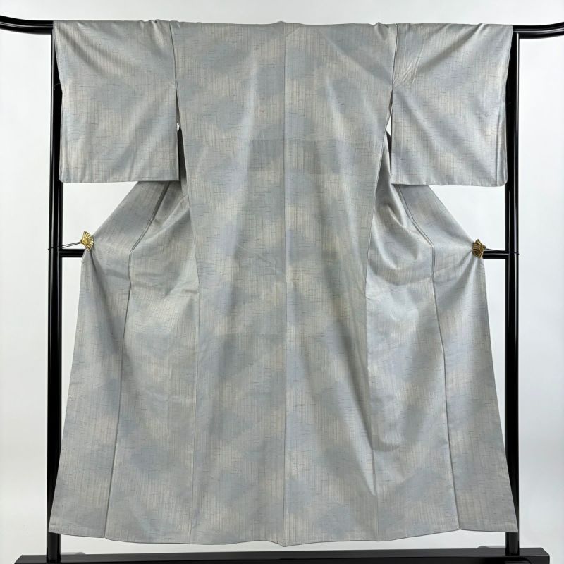 紬 身丈153.5cm 裄丈65cm M 袷 菱 縞 青灰色 正絹 美品 名品