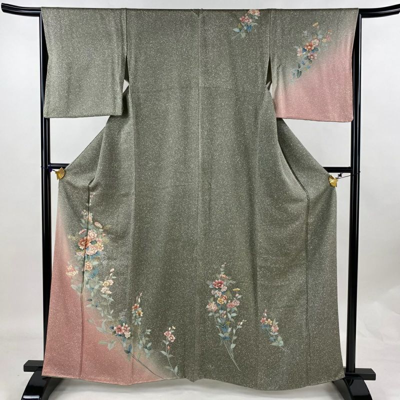 付け下げ】 着物 袷 広衿 花 模様 銀彩入り 身丈約164cm