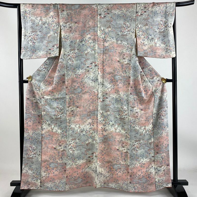 小紋 身丈160.5cm 裄丈66.5cm M 袷 風景 草花 ぼかし ピンク