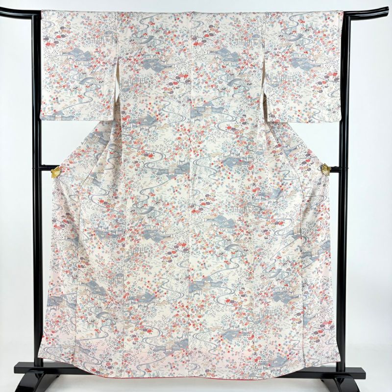 小紋 身丈157.5cm 裄丈63cm S 袷 家屋 草花 薄ピンク 正絹 美品