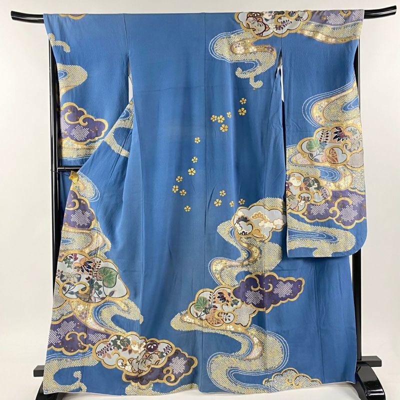 【ご予約品】 裄丈68.5cm 身丈165.5cm 振袖 L 青灰色 刺繍 絞り 葵 雲文 袷 着物・浴衣