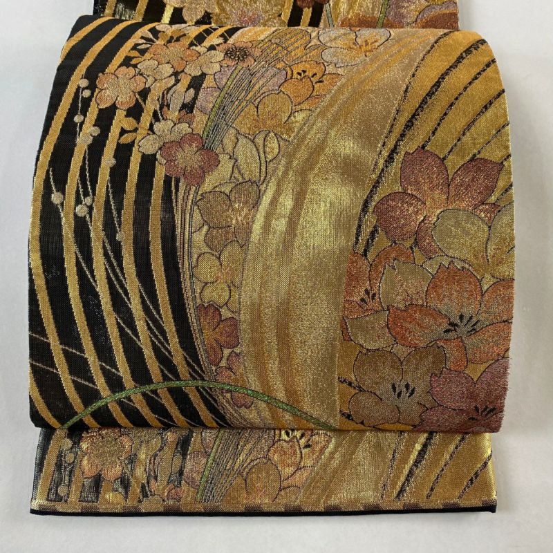 袋帯 秀品 草花 幾何学模様 金銀糸 箔 金色 六通 正絹 ｜中古