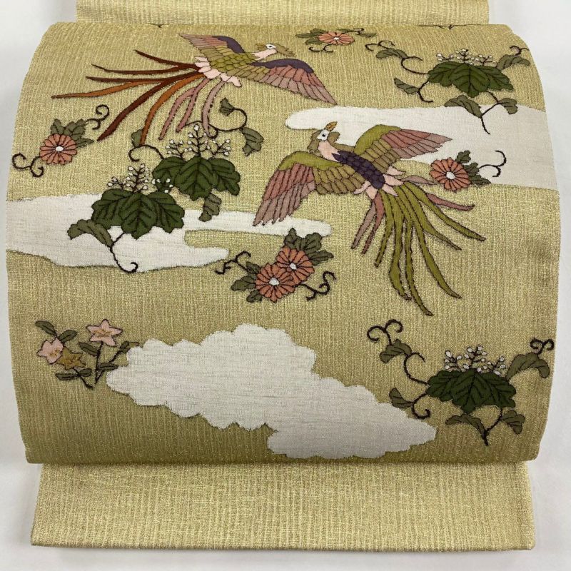 袋帯 美品 名品 夏帯 鳳凰 花唐草 金通し 金色 お太鼓柄 正絹