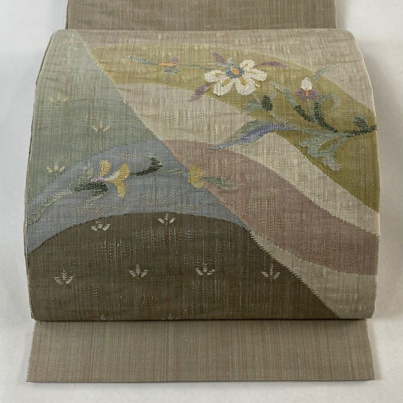 袋帯 秀品 紬地 草花 金糸 薄茶色 お太鼓柄 正絹 ｜中古・古着