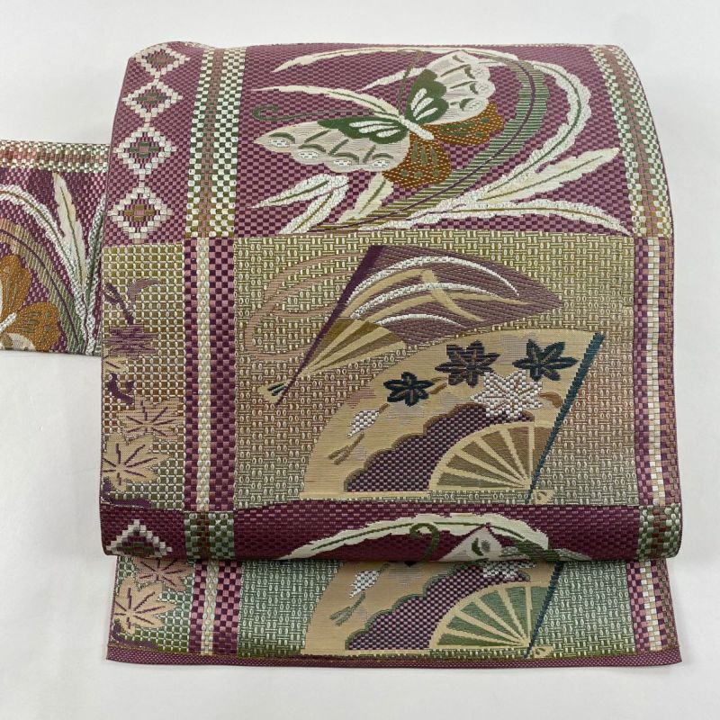 名古屋帯 優品 八寸名古屋帯 関西仕立て 草花 蝶 薄紫 正絹