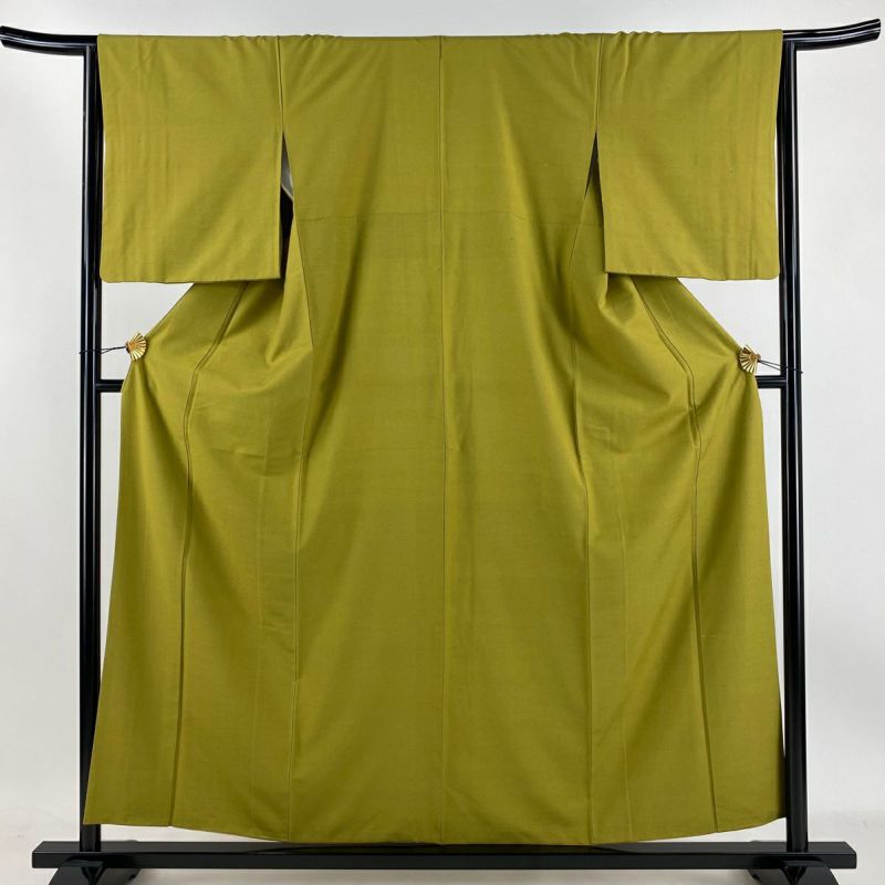 紬 身丈157cm 裄丈64cm M 袷 鶯色 正絹 美品 秀品｜中古・古着