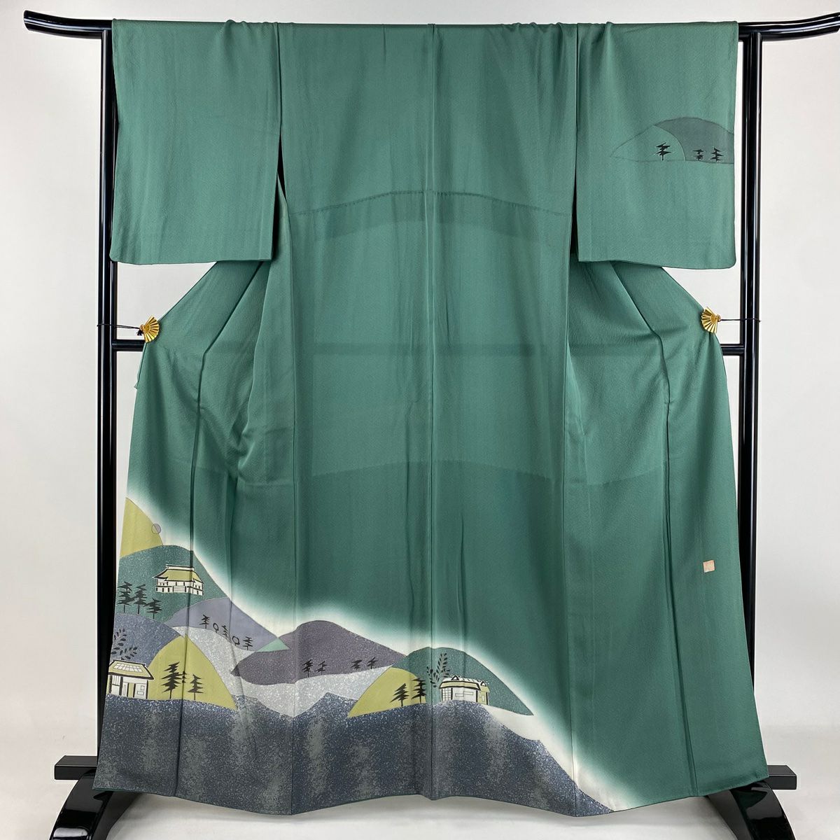 付下げ 身丈162cm 裄丈66.5cm M 袷 霞 華文 刺繍 ぼかし 灰緑 正絹 秀