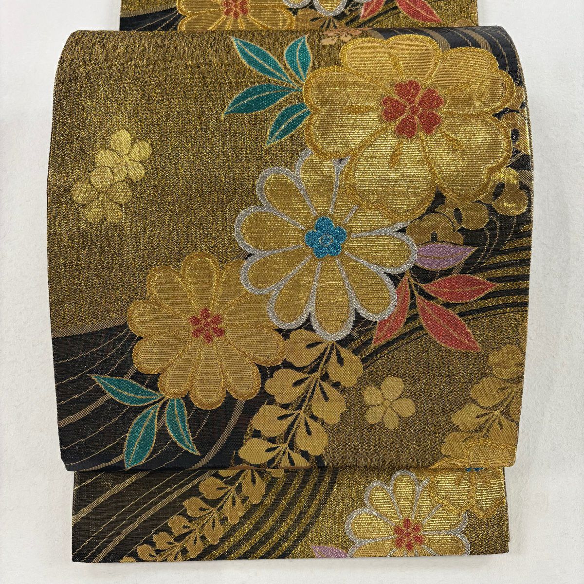 袋帯 秀品 落款あり 振袖向き 桜 草花 箔 金銀糸 金色 六通 正絹