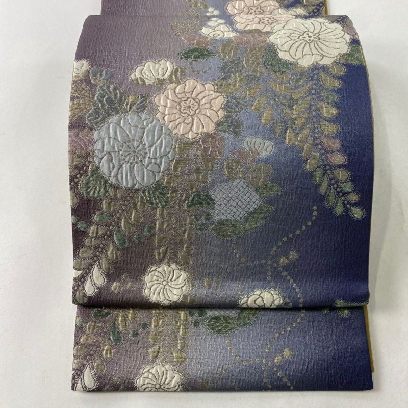 袋帯 美品 秀品 落款あり 小長谷喜八郎 辻が花柄 金銀糸 箔 青紫