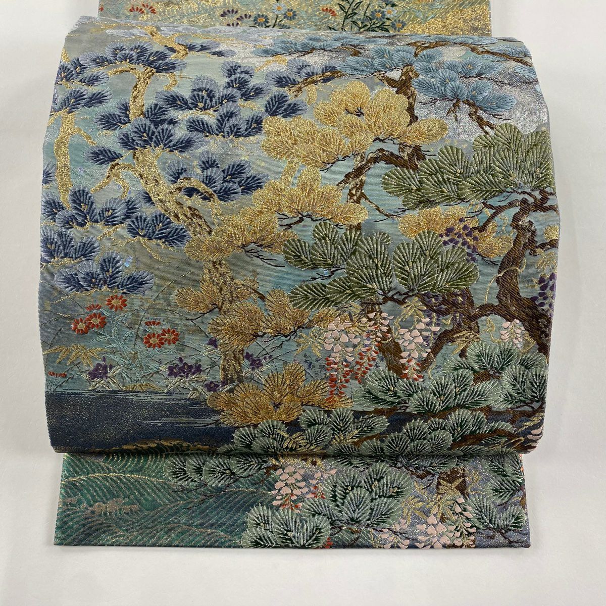 袋帯 秀品 振袖向き 鳥 草花 箔 金銀糸 青緑 お太鼓柄 正絹 【中古】